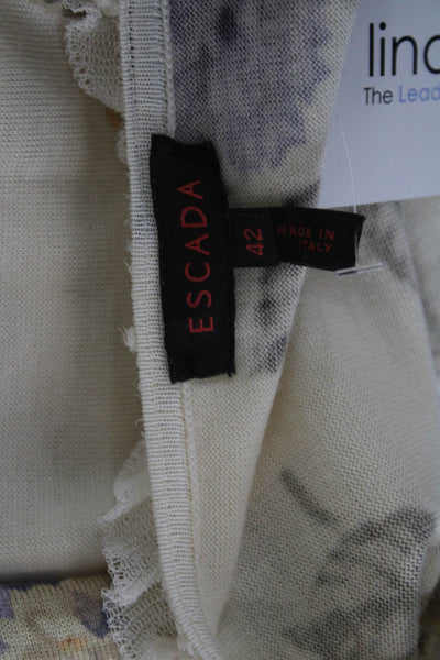 Escada Womens V-Neck Floral Blouse Long Sleeve Beige Wool Silk Cashmere Size 42