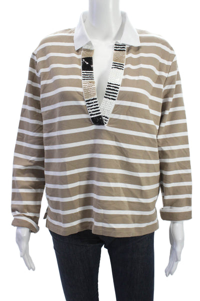 Margittes Women Basic Collared Striped Long Sleeve Blouse Beige Size 38