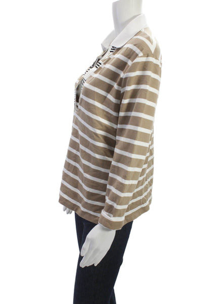 Margittes Women Basic Collared Striped Long Sleeve Blouse Beige Size 38