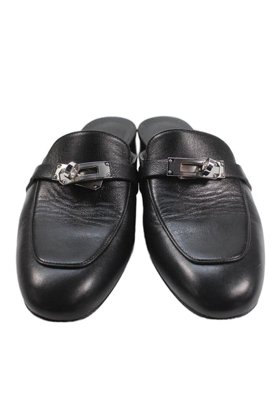 Hermes Womens Leather Slide On Mules Flats Black Size 36.5 6.5