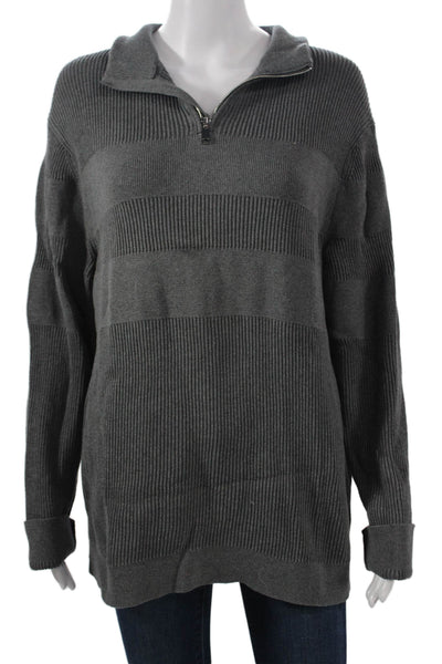 Theory Women Striped Dark Gray Collared Zip Pullover Sweater Long Sleeve Size L