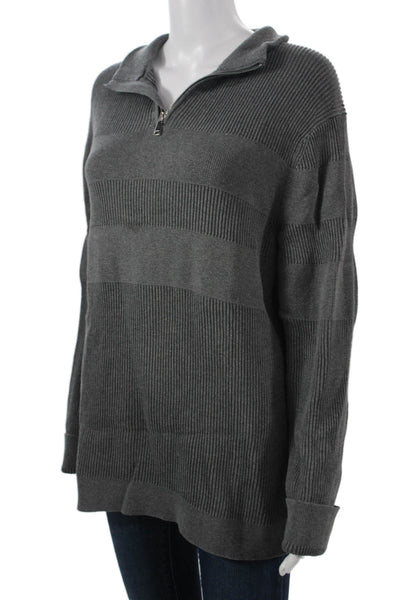 Theory Women Striped Dark Gray Collared Zip Pullover Sweater Long Sleeve Size L
