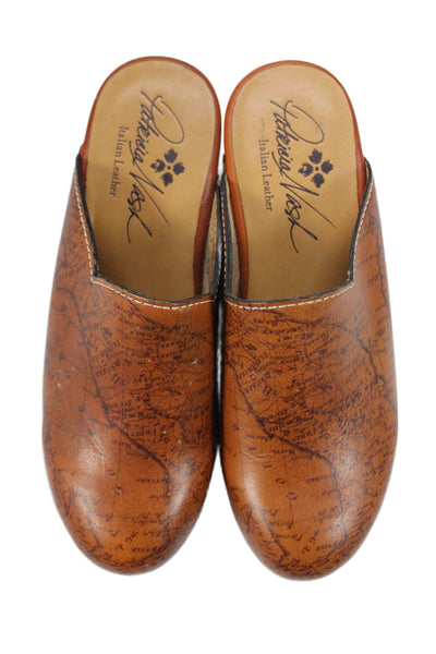 Patricia Nash Womens Leather Map Print Clog Heels Brown Size 7.5