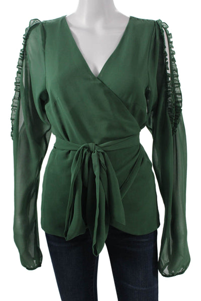 Majorelle Womens Bohemian Green V-Neck Tie Long Sleeve Blouse Size L
