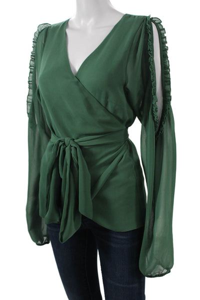 Majorelle Womens Bohemian Green V-Neck Tie Long Sleeve Blouse Size L