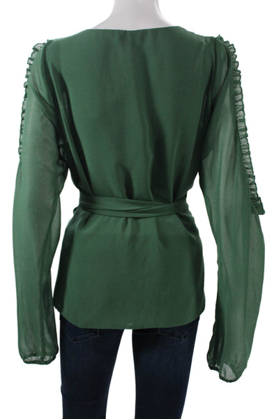 Majorelle Womens Bohemian Green V-Neck Tie Long Sleeve Blouse Size L