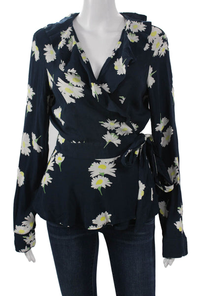Ganni Women Dark Blue Floral V-Neck Long Sleeve Blouse 100% Polyester Size 40
