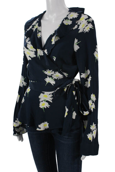 Ganni Women Dark Blue Floral V-Neck Long Sleeve Blouse 100% Polyester Size 40
