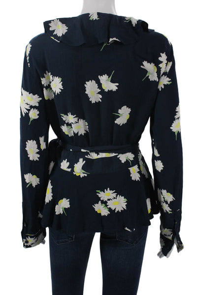 Ganni Women Dark Blue Floral V-Neck Long Sleeve Blouse 100% Polyester Size 40