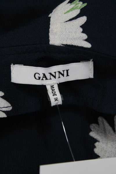 Ganni Women Dark Blue Floral V-Neck Long Sleeve Blouse 100% Polyester Size 40