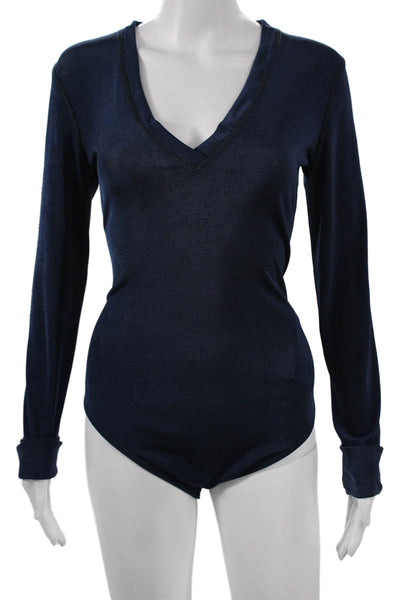 ALIX NYC Women V Neck Long Sleeve Bodysuit Blue Solid Size L