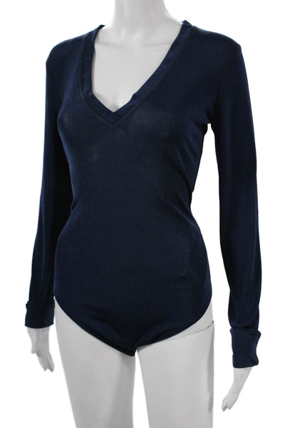 ALIX NYC Women V Neck Long Sleeve Bodysuit Blue Solid Size L