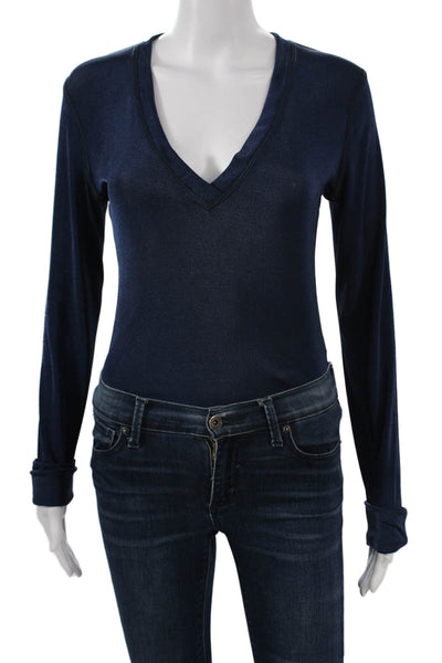ALIX NYC Women V Neck Long Sleeve Bodysuit Blue Solid Size L
