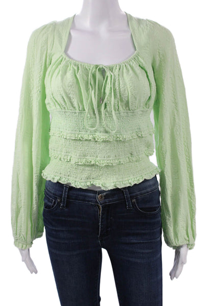 Free People Women Cropped Green Cotton Long Sleeve Blouse Size M