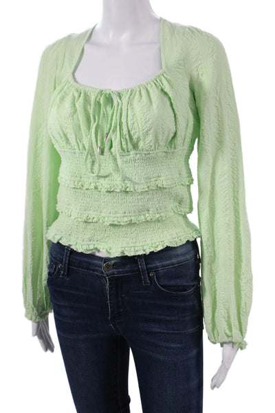 Free People Women Cropped Green Cotton Long Sleeve Blouse Size M