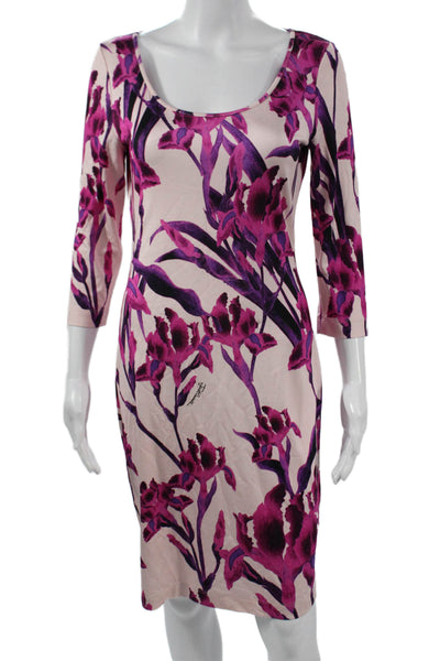 Just Cavalli Women Bodycon Sheath Floral Midi Dress Beige 3/4 Sleeve Size 44