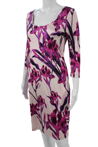 Just Cavalli Women Bodycon Sheath Floral Midi Dress Beige 3/4 Sleeve Size 44
