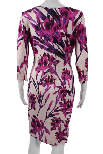 Just Cavalli Women Bodycon Sheath Floral Midi Dress Beige 3/4 Sleeve Size 44