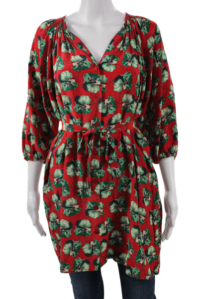 Tucker Women Tunic Red Silk V-Neck 3/4 Sleeve Floral Button Size S