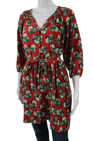 Tucker Women Tunic Red Silk V-Neck 3/4 Sleeve Floral Button Size S