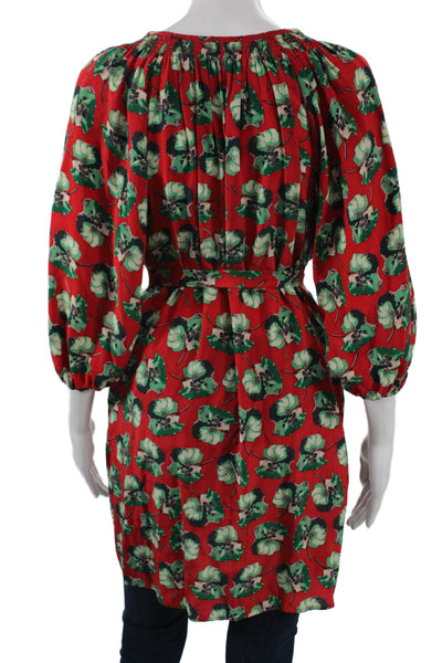 Tucker Women Tunic Red Silk V-Neck 3/4 Sleeve Floral Button Size S