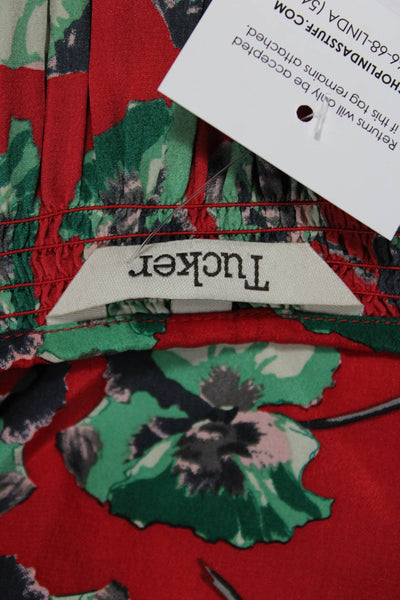 Tucker Women Tunic Red Silk V-Neck 3/4 Sleeve Floral Button Size S