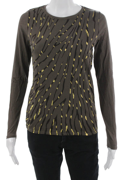Tahari Women Jersey T-Shirt Brown Cotton Long Sleeve Round Neck Petite Size S