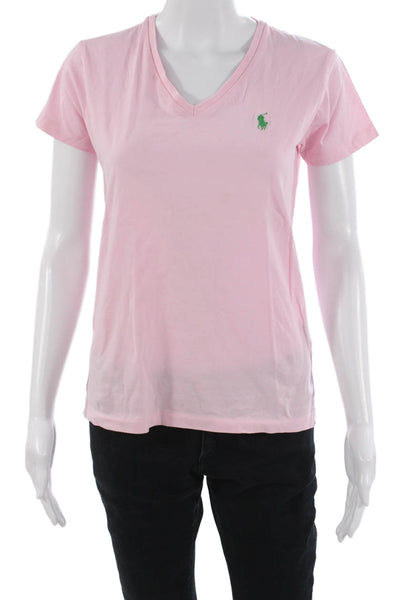 Ralph Lauren Sport Women Basic Pink V-Neck Cotton T-Shirt Short Sleeve Size S