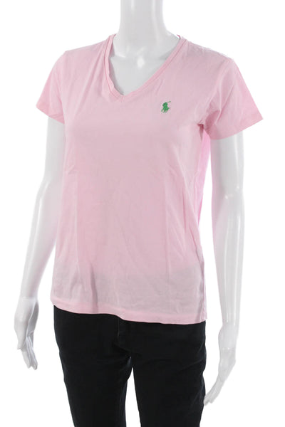 Ralph Lauren Sport Women Basic Pink V-Neck Cotton T-Shirt Short Sleeve Size S