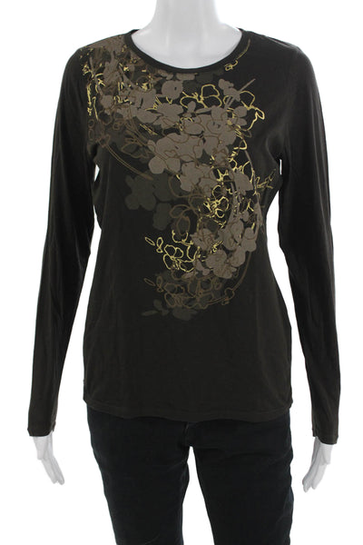 Tahari Women Black Floral Cotton Long Sleeve Basic T-Shirt Round Neck Size S