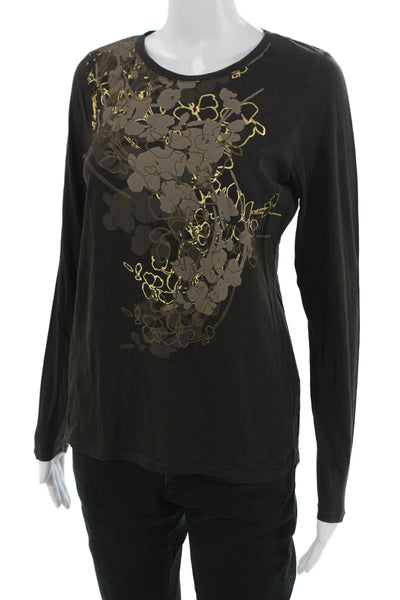 Tahari Women Black Floral Cotton Long Sleeve Basic T-Shirt Round Neck Size S