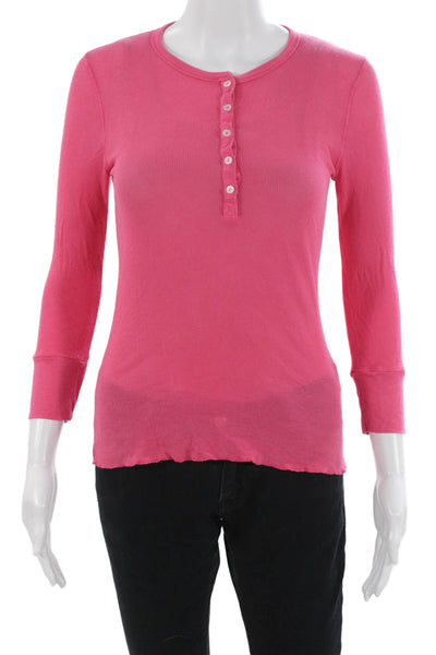Splendid Women Basic Pink Button-Up Crew Neck 3/4 Sleeve Top Size M