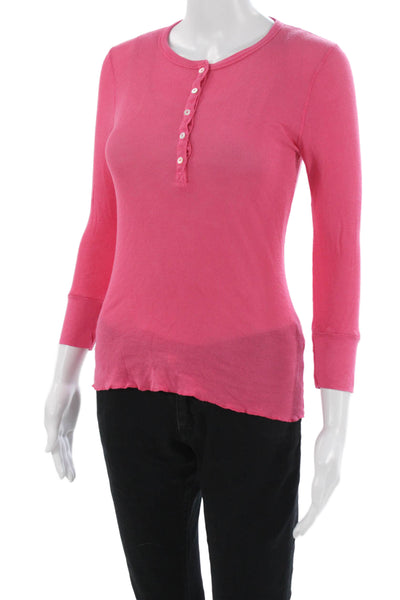 Splendid Women Basic Pink Button-Up Crew Neck 3/4 Sleeve Top Size M
