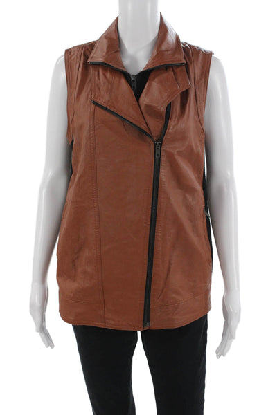 Mural Women Brown Leather Motorcycle Vest Zip Collared Sleeveless Size M