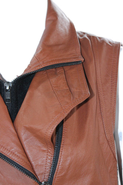 Mural Women Brown Leather Motorcycle Vest Zip Collared Sleeveless Size M