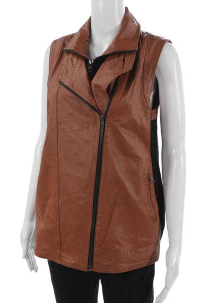 Mural Women Brown Leather Motorcycle Vest Zip Collared Sleeveless Size M