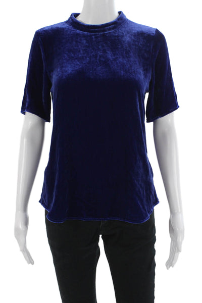 Eileen Fisher Women Dark Blue Mock Neck Short Sleeve Blouse Rayon Silk Size PP