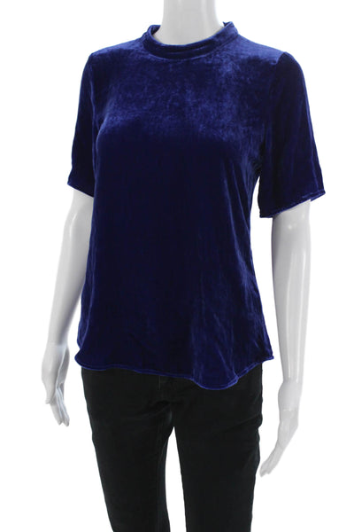 Eileen Fisher Women Dark Blue Mock Neck Short Sleeve Blouse Rayon Silk Size PP