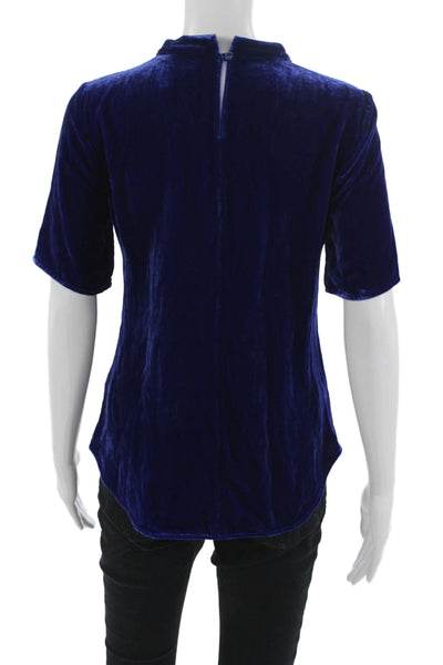 Eileen Fisher Women Dark Blue Mock Neck Short Sleeve Blouse Rayon Silk Size PP