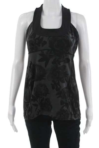 Lululemon Women Black Floral Square Neck Sleeveless Nylon Tank Size 4