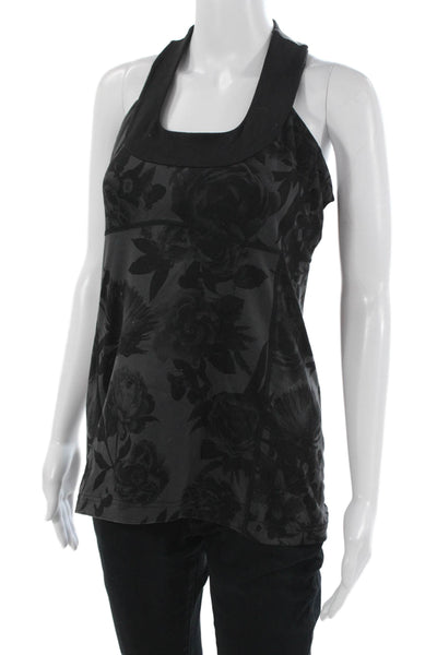 Lululemon Women Black Floral Square Neck Sleeveless Nylon Tank Size 4