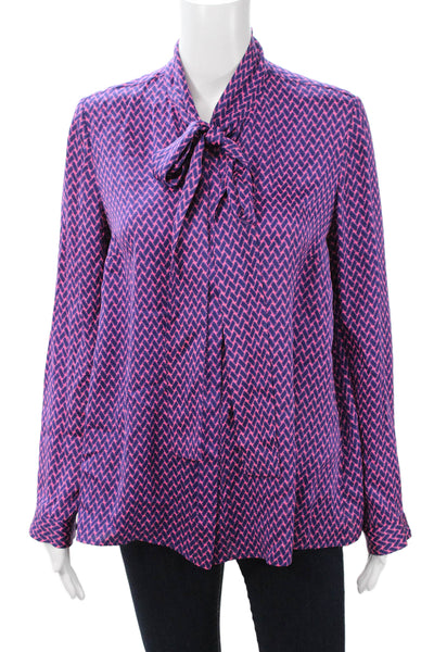 By Malene Birger Women Dark Blue Silk Geometric Blouse Long Sleeve Size 38