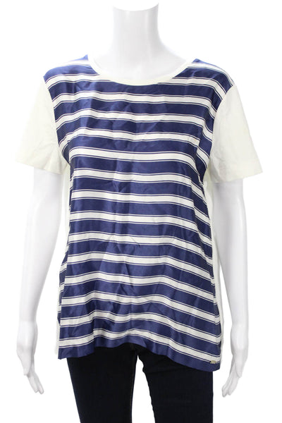 Escada Women Striped Silk Cotton T-Shirt Dark Blue Short Sleeve Size M
