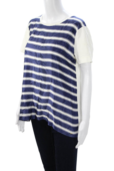Escada Women Striped Silk Cotton T-Shirt Dark Blue Short Sleeve Size M