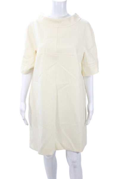 Escada Womens Shift Dress Beige Wool Mock Neck Short Sleeve Knee Length Size 40