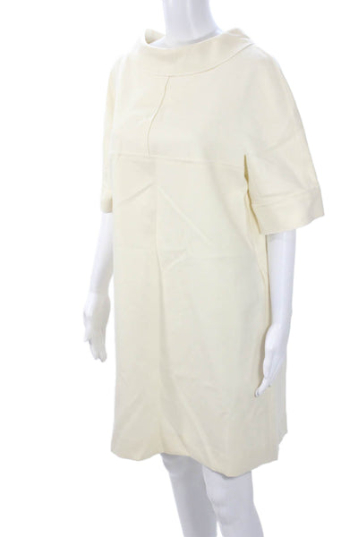 Escada Womens Shift Dress Beige Wool Mock Neck Short Sleeve Knee Length Size 40