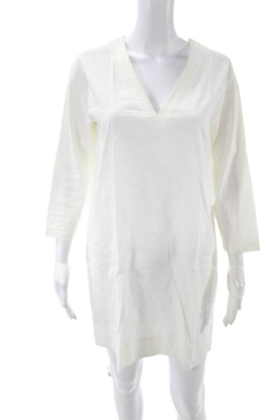 Theory Womens Shift Dress White V-Neck 3/4 Sleeve Linen Blend Petite Size S
