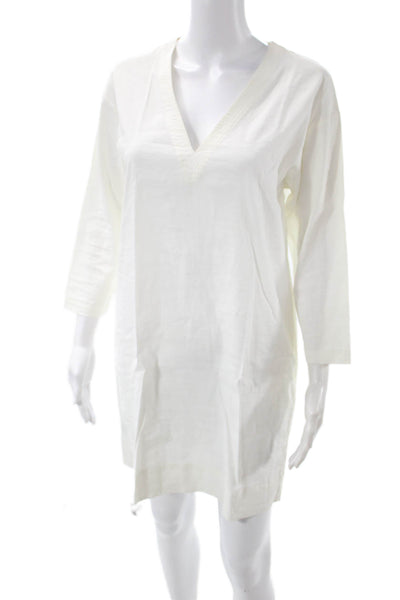 Theory Womens Shift Dress White V-Neck 3/4 Sleeve Linen Blend Petite Size S