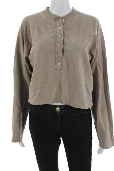 Marissa Webb Women Cropped Button-Up Sweater Beige Crew Neck Long Sleeve Size S