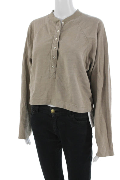 Marissa Webb Women Cropped Button-Up Sweater Beige Crew Neck Long Sleeve Size S